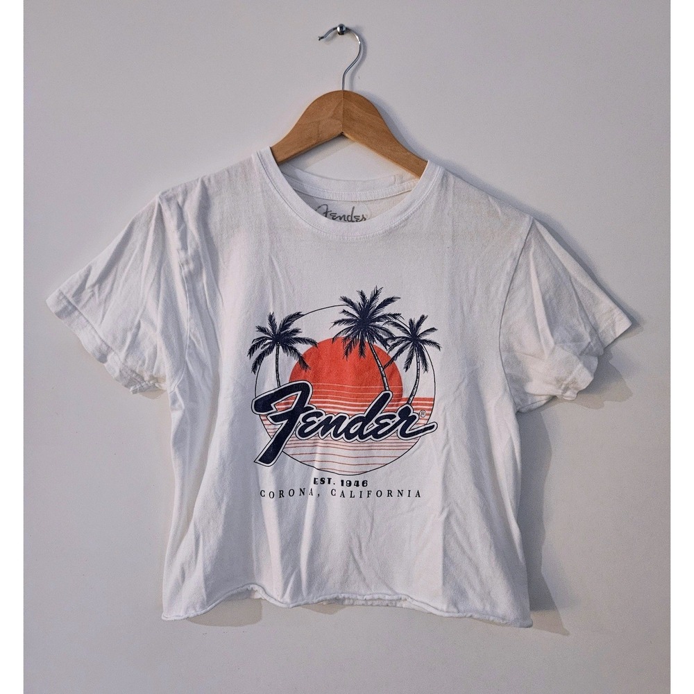 Fender Corona California Cropped T-Shirt S/M White Palm Tree Sunset Graphic 1946